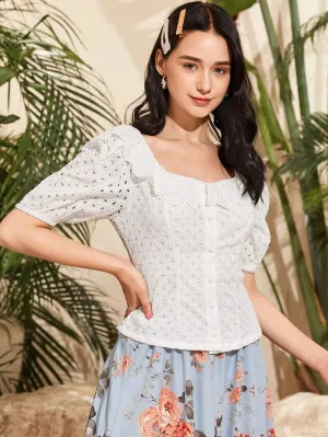 Puff Sleeve Ruffle Trim Buttoned Front Schiffy Blouse