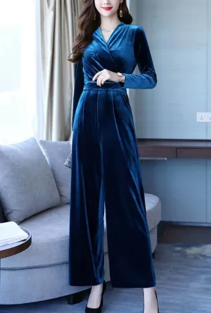 Solid Color High Waist Velvet Wide Leg Jumpsuit