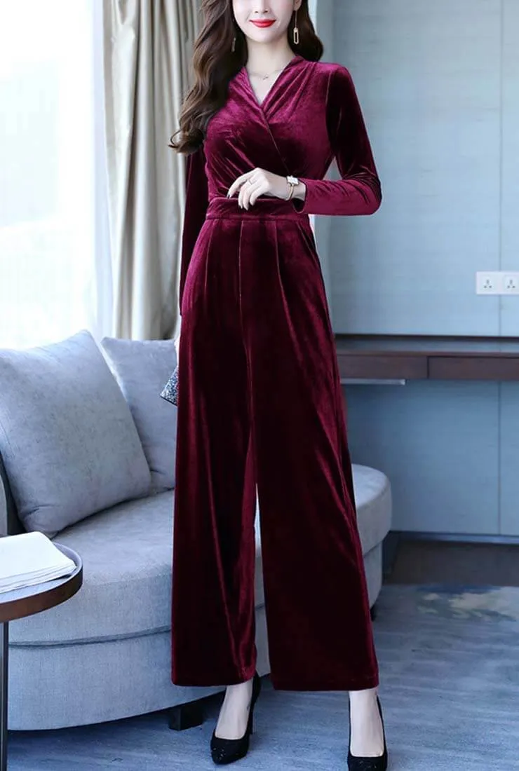 Solid Color High Waist Velvet Wide Leg Jumpsuit
