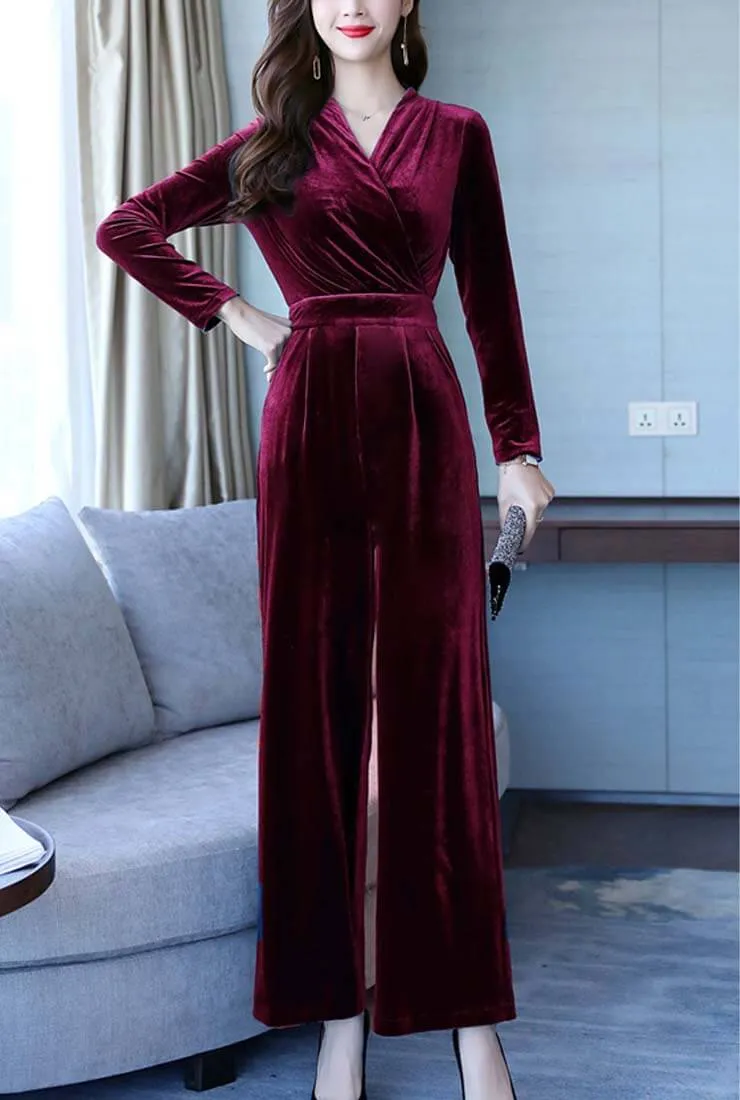 Solid Color High Waist Velvet Wide Leg Jumpsuit