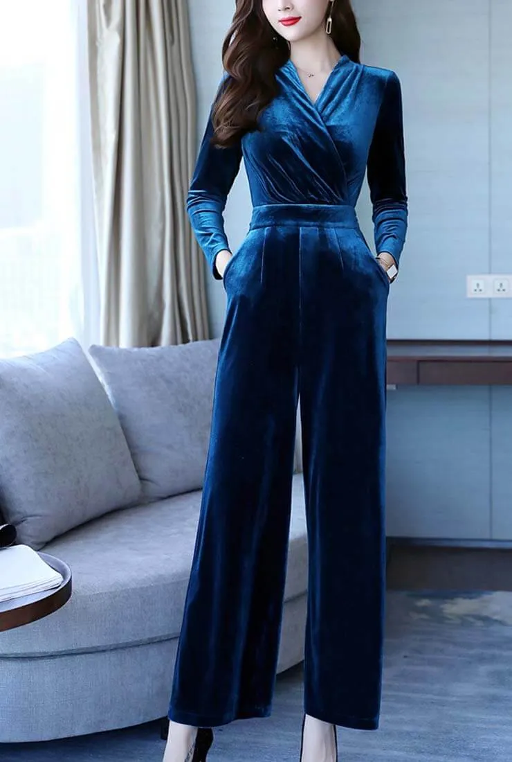 Solid Color High Waist Velvet Wide Leg Jumpsuit