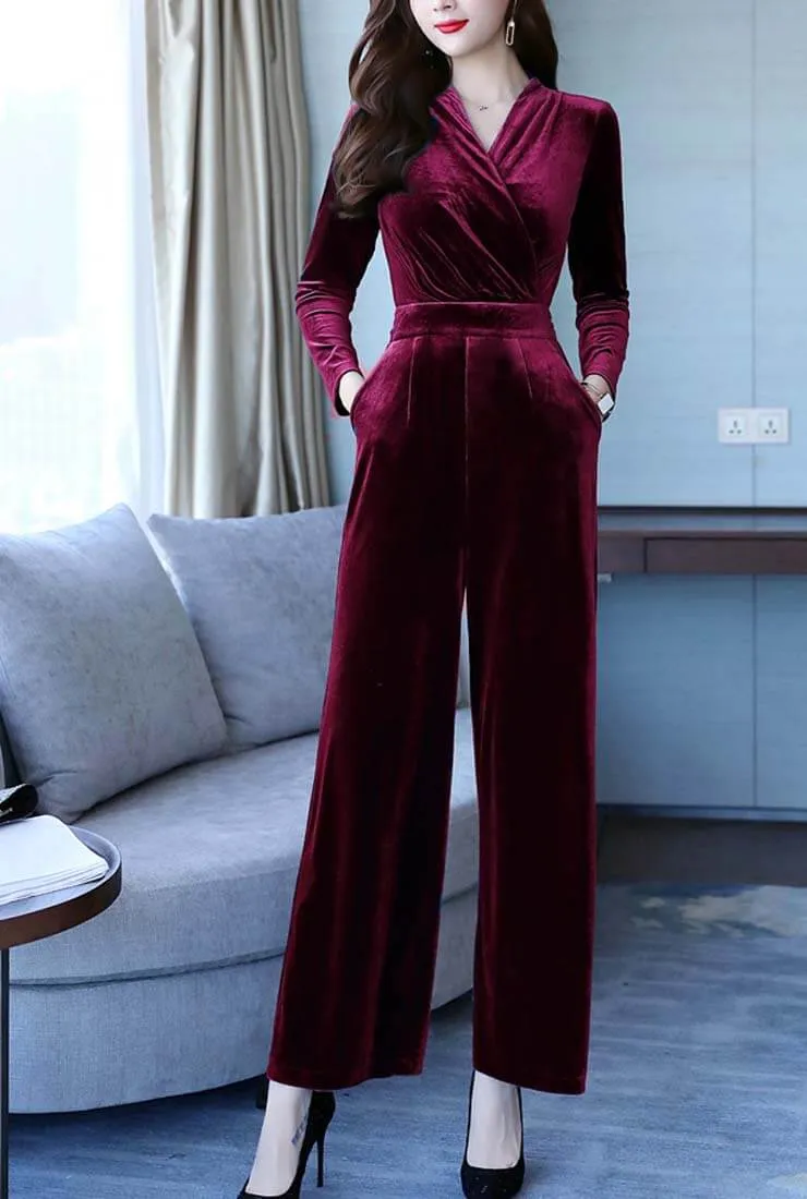 Solid Color High Waist Velvet Wide Leg Jumpsuit