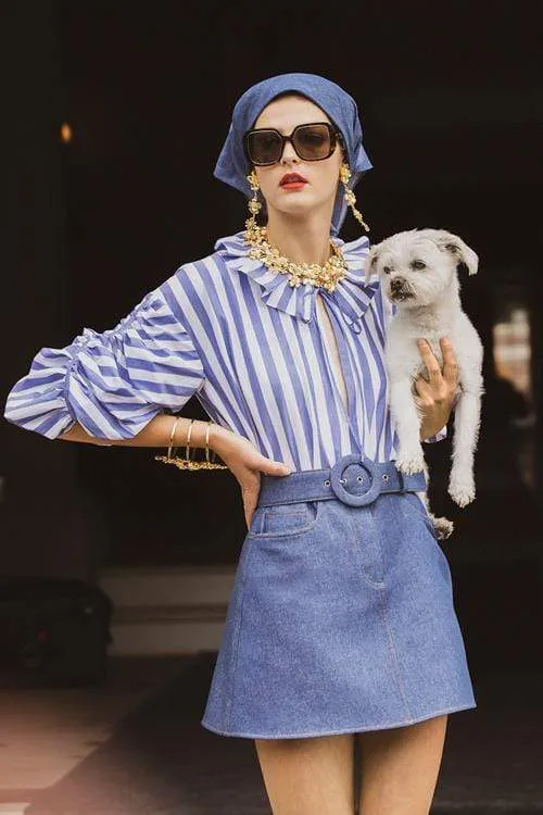 Striped Puff Sleeved Blouse with Neck Ruffle