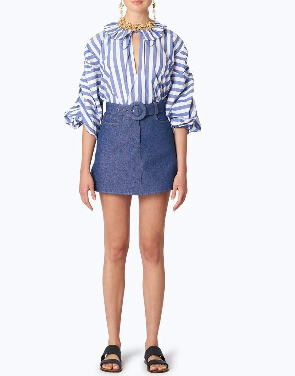 Striped Puff Sleeved Blouse with Neck Ruffle