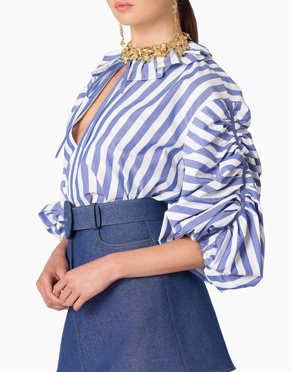 Striped Puff Sleeved Blouse with Neck Ruffle
