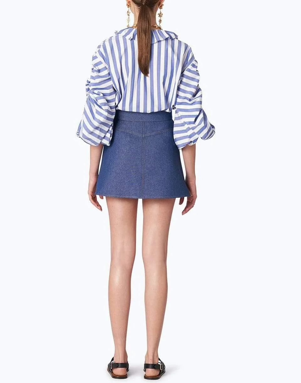 Striped Puff Sleeved Blouse with Neck Ruffle
