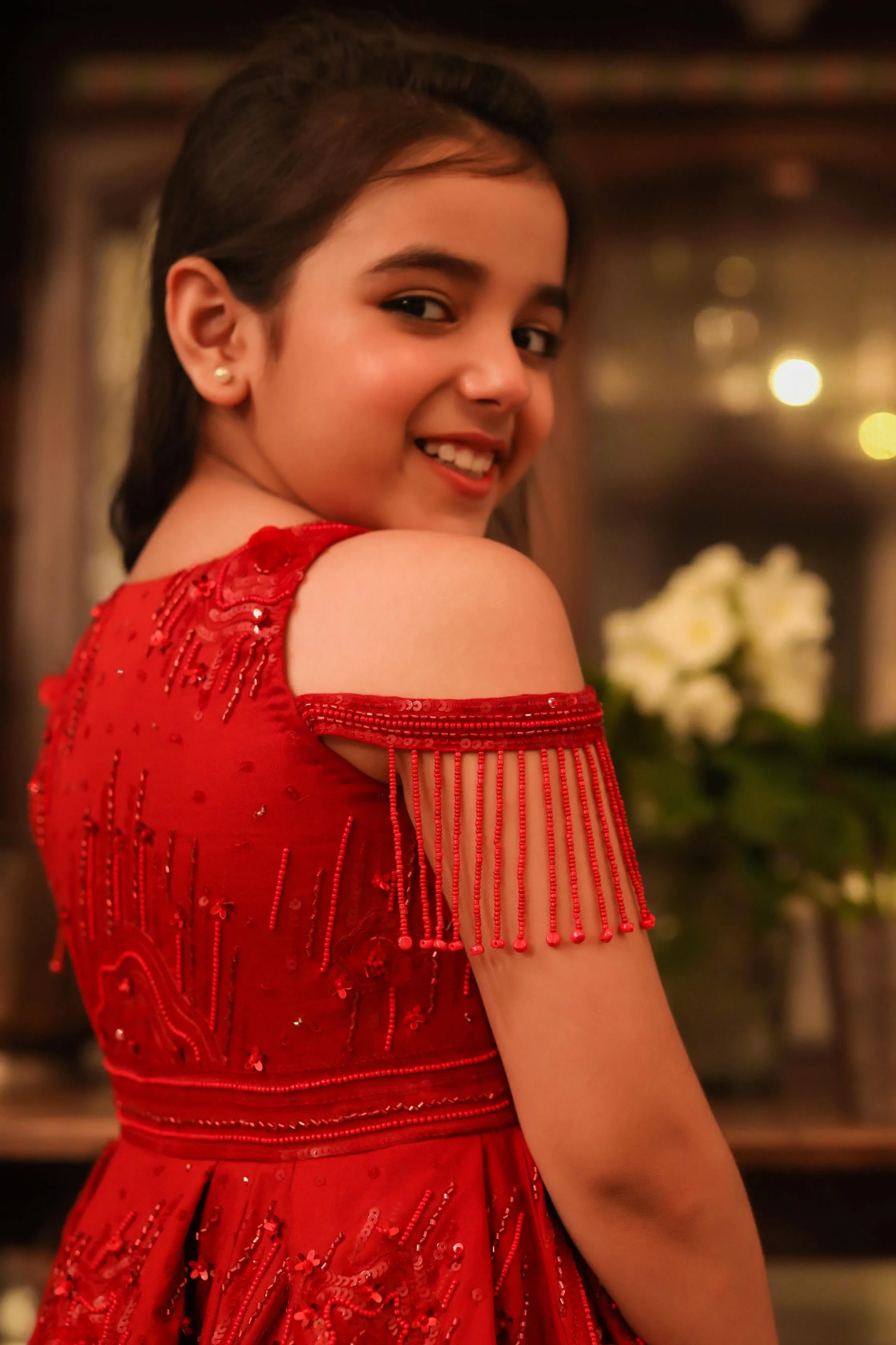 Surkh- V-Neck Embroidered Ball Gown For Girls