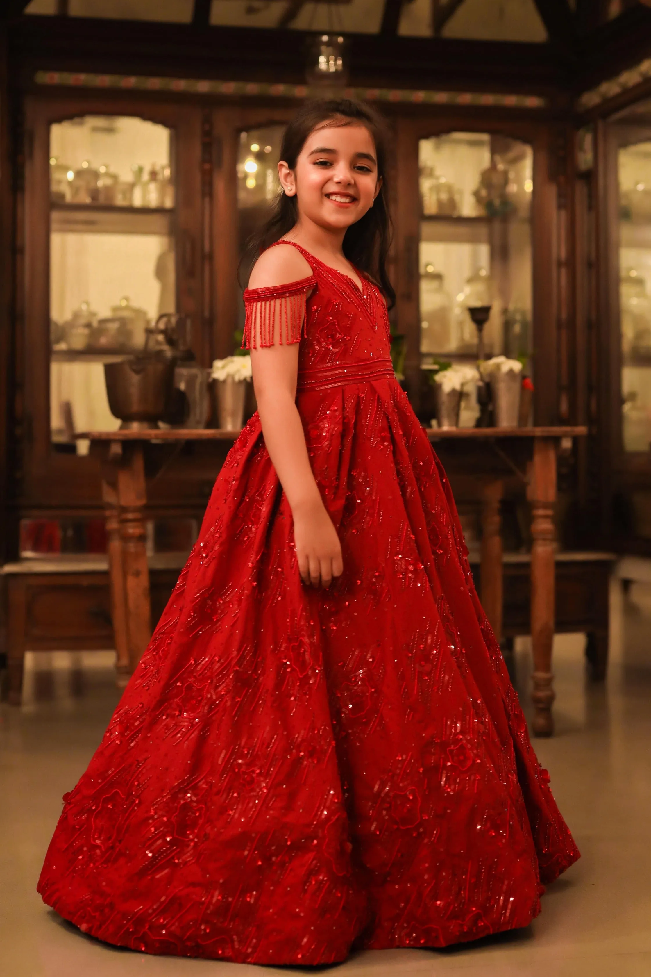 Surkh- V-Neck Embroidered Ball Gown For Girls