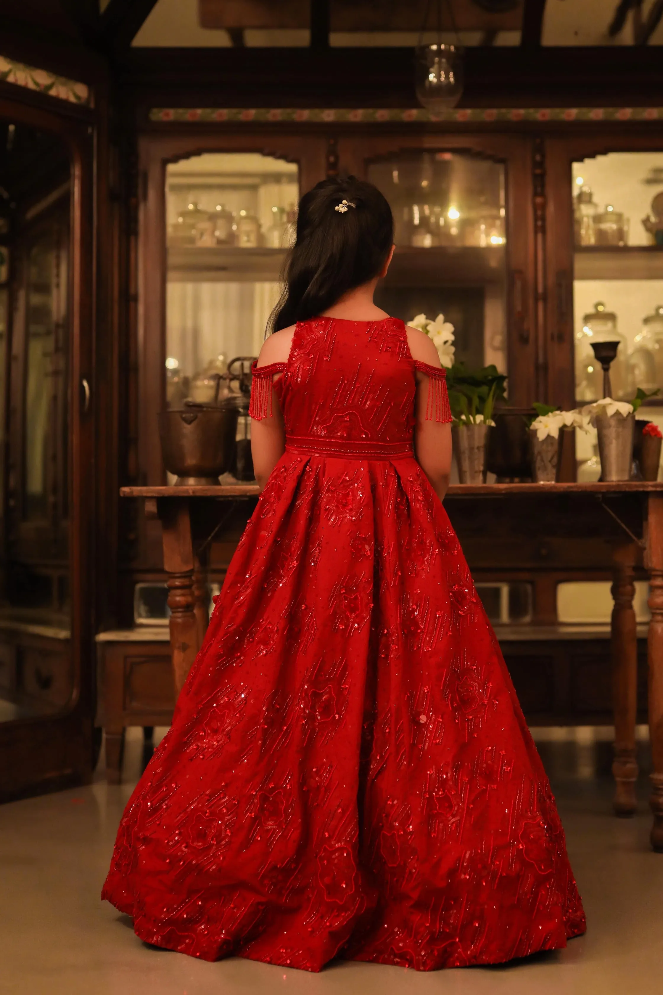 Surkh- V-Neck Embroidered Ball Gown For Girls