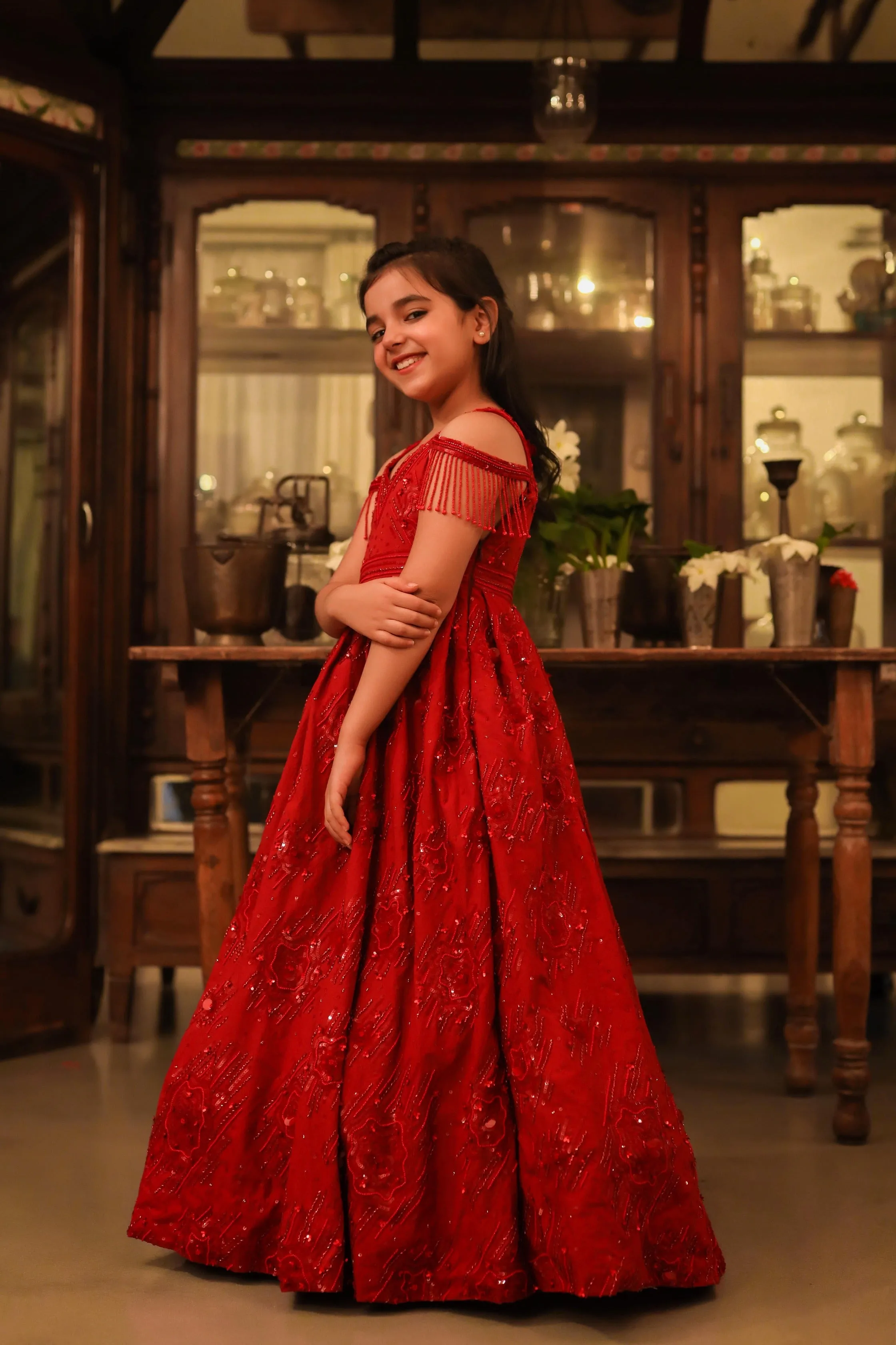 Surkh- V-Neck Embroidered Ball Gown For Girls