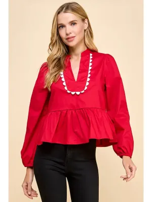 Top - Long Sleeve Scallop Border - Crimson