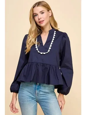 Top - Long Sleeve Scallop Border - Navy