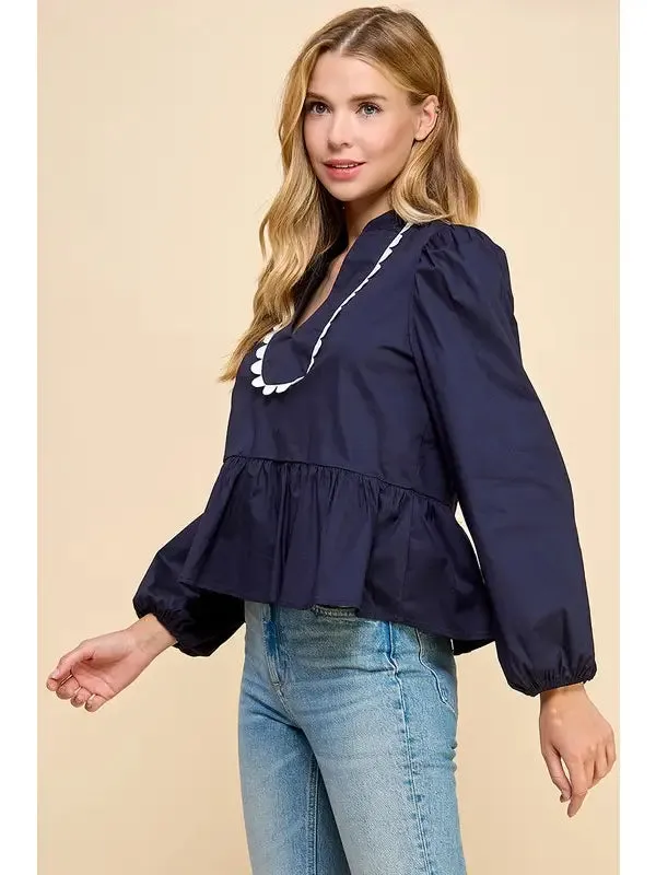 Top - Long Sleeve Scallop Border - Navy