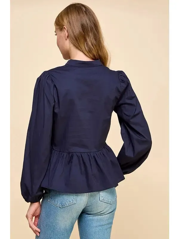 Top - Long Sleeve Scallop Border - Navy