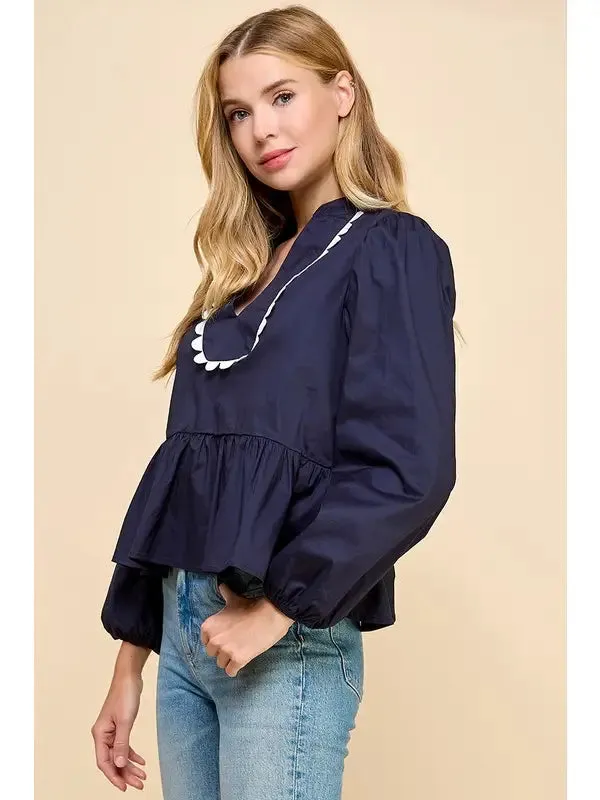 Top - Long Sleeve Scallop Border - Navy