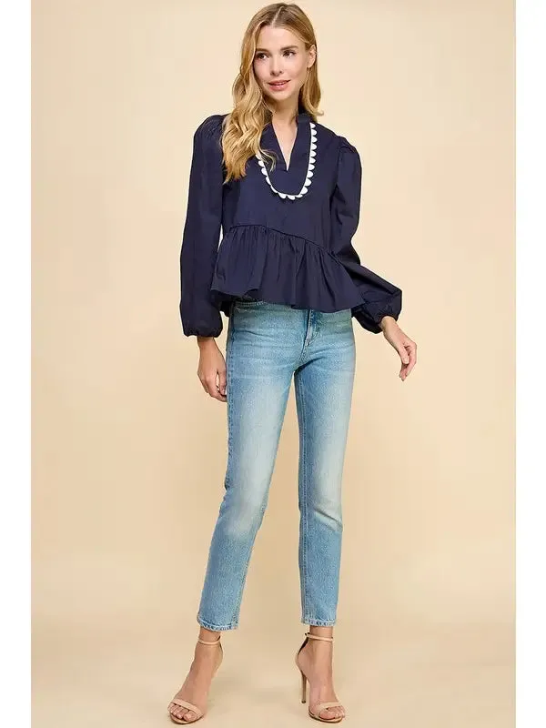 Top - Long Sleeve Scallop Border - Navy