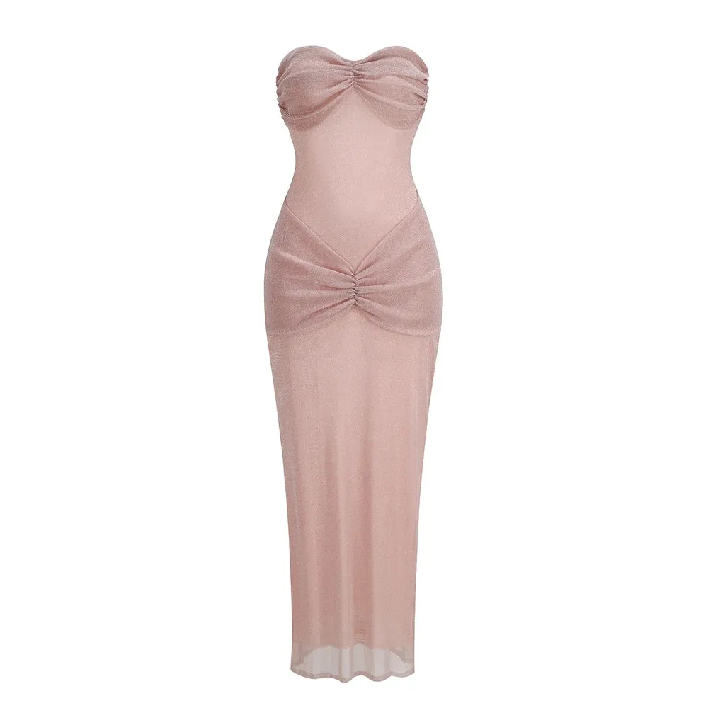 Trend4us Women's Glitter Strapless Ruched Evening Dress