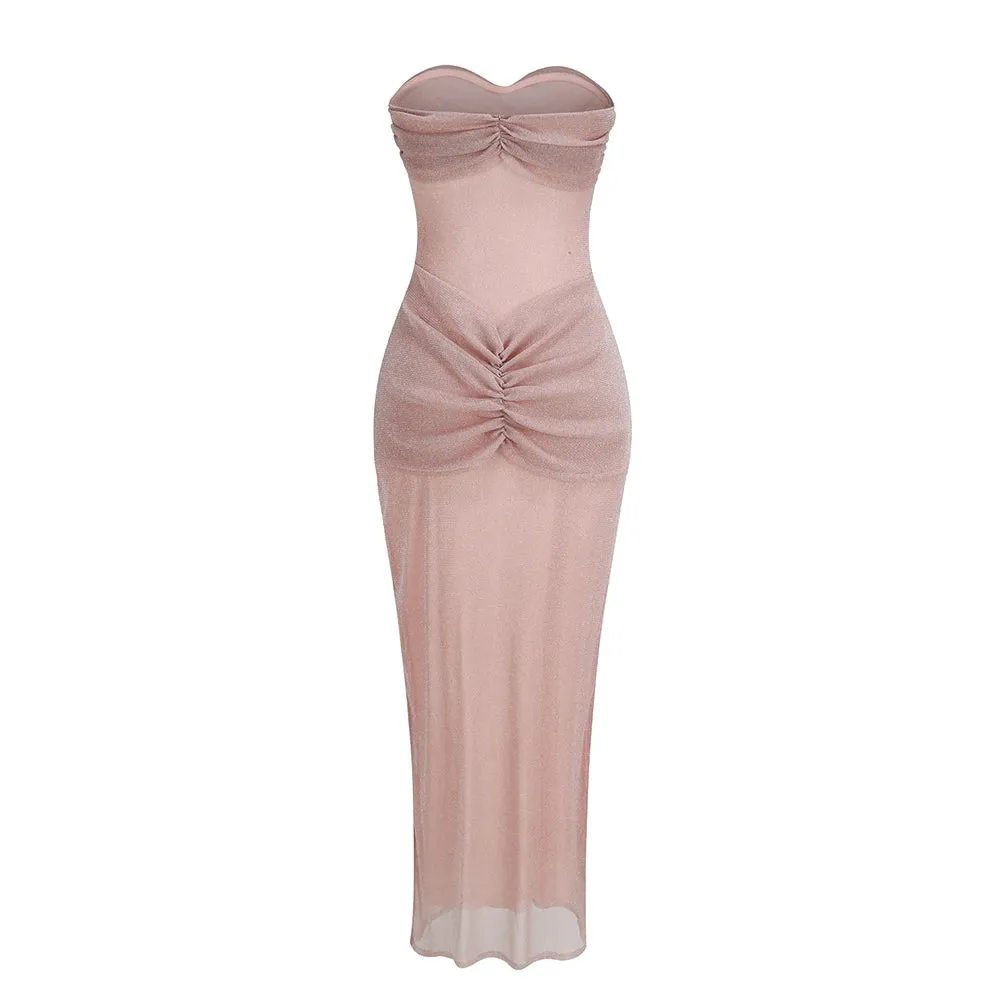 Trend4us Women's Glitter Strapless Ruched Evening Dress