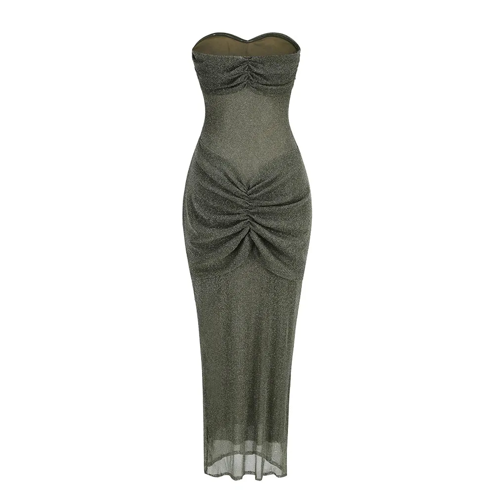 Trend4us Women's Glitter Strapless Ruched Evening Dress