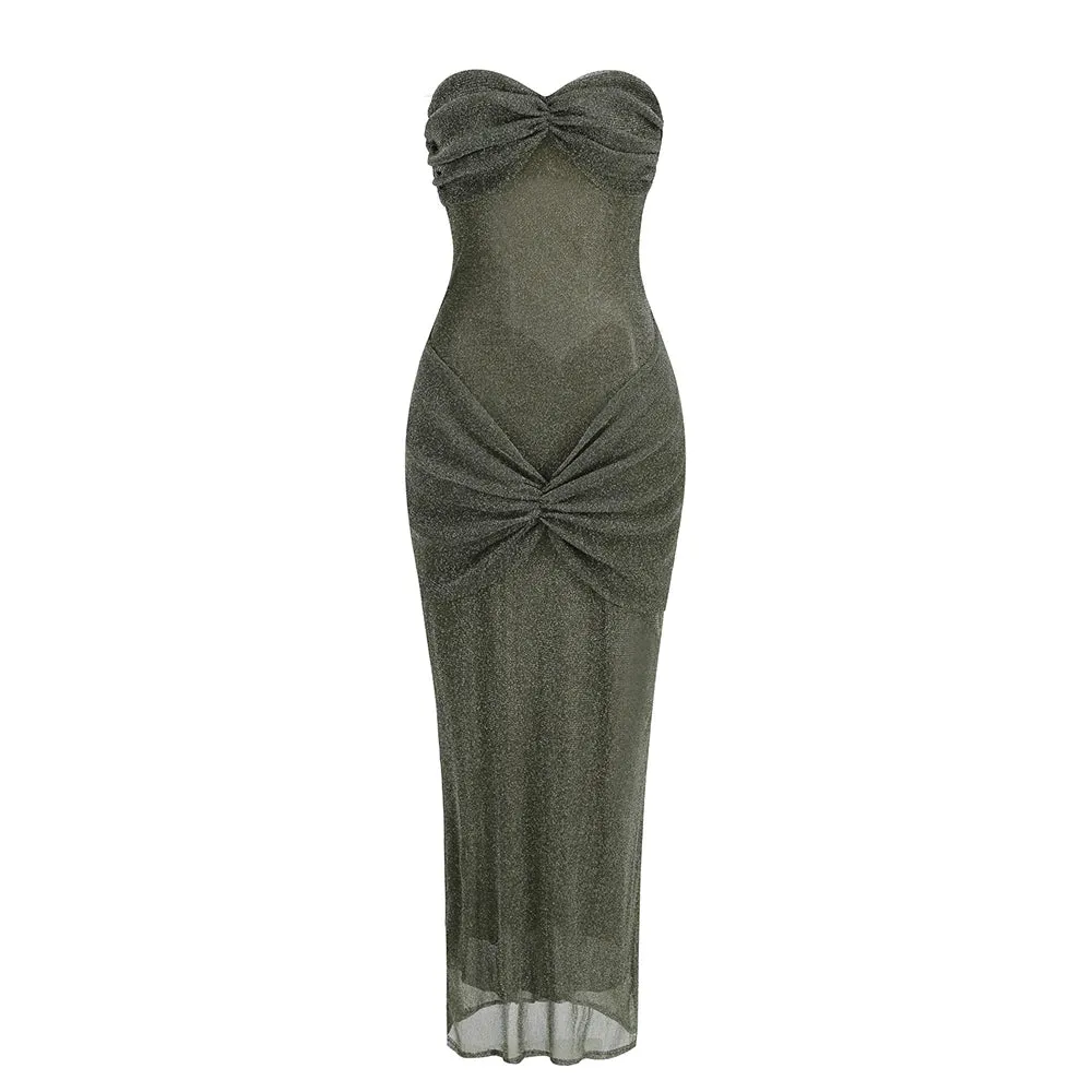 Trend4us Women's Glitter Strapless Ruched Evening Dress