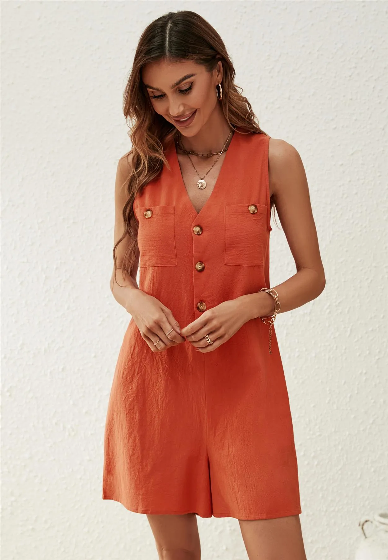 V Neck Button Down Playsuit In Orange