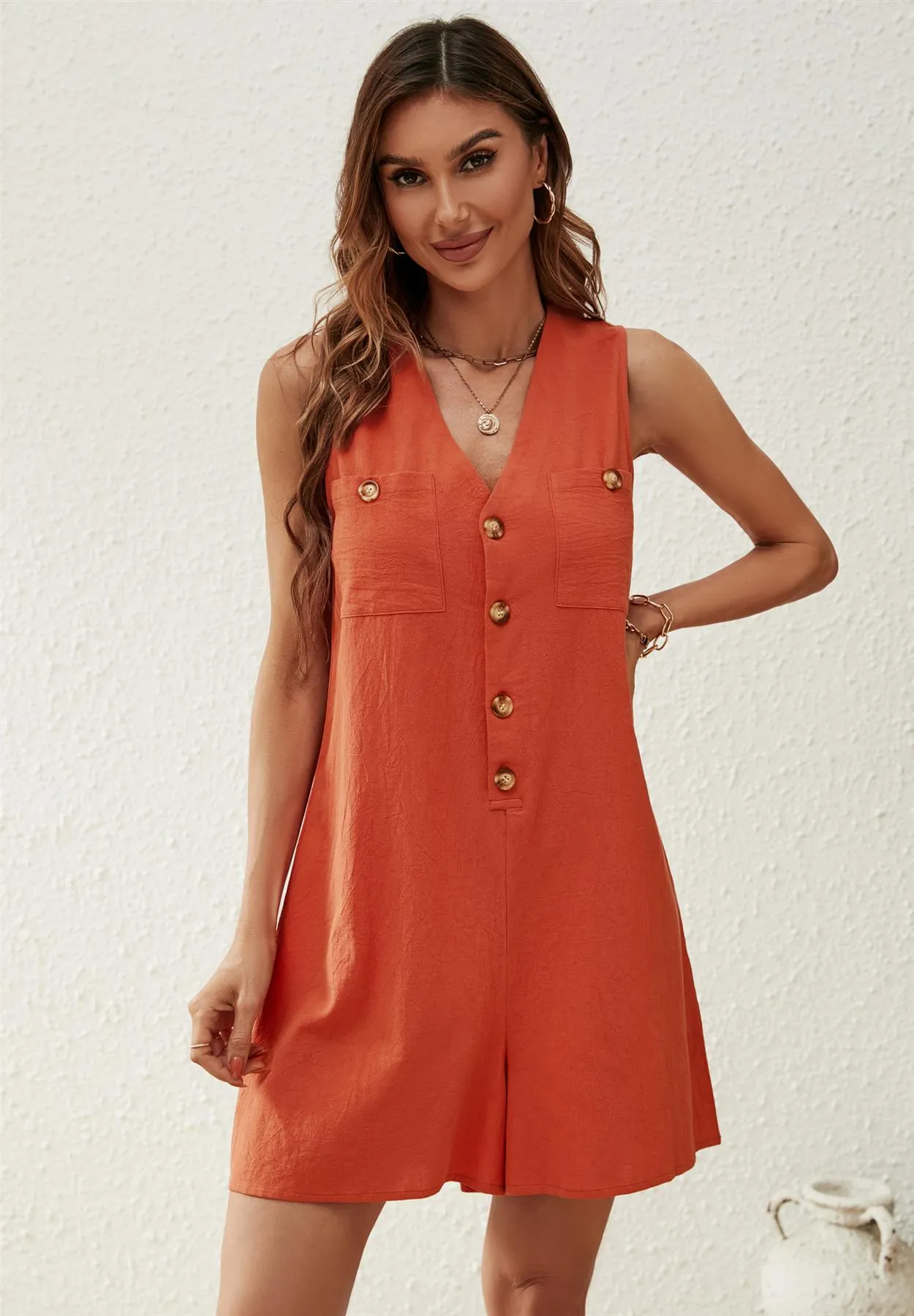 V Neck Button Down Playsuit In Orange