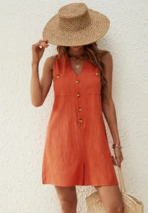 V Neck Button Down Playsuit In Orange