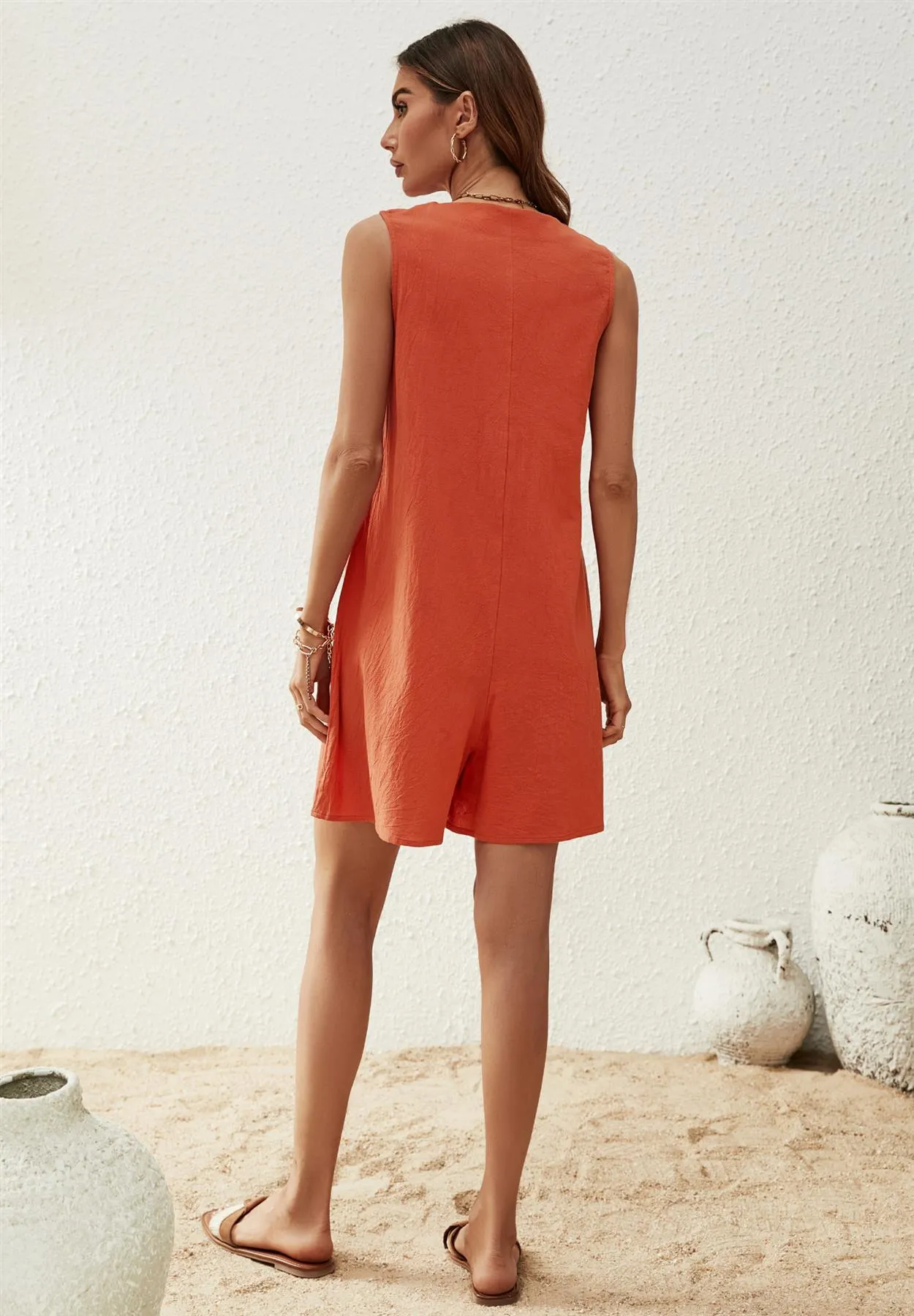 V Neck Button Down Playsuit In Orange