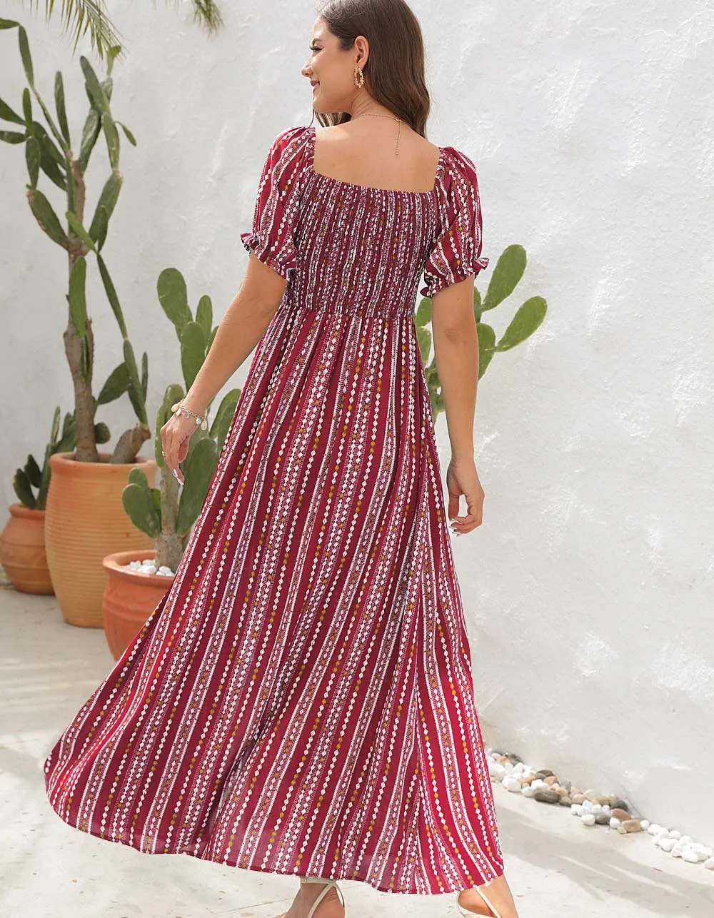 Vertical Stripe Print Slits Square Neck Short Sleeve A Line Dresses