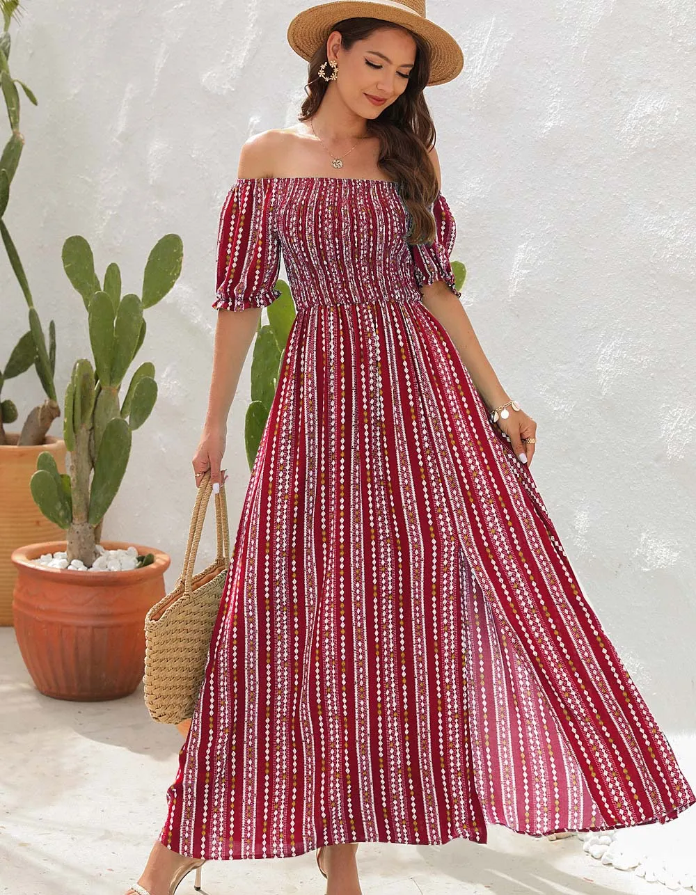 Vertical Stripe Print Slits Square Neck Short Sleeve A Line Dresses
