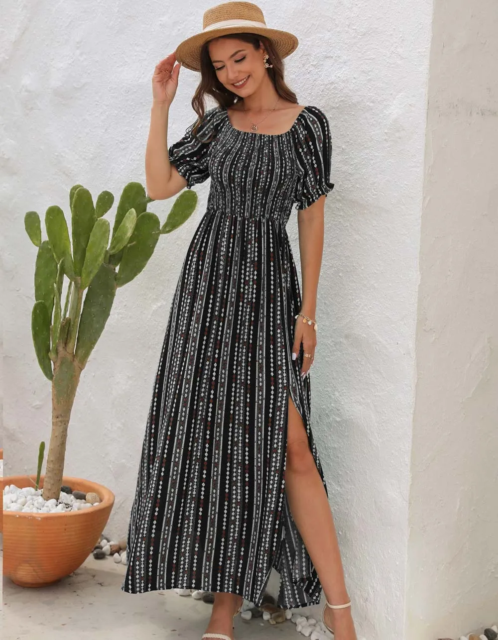 Vertical Stripe Print Slits Square Neck Short Sleeve A Line Dresses