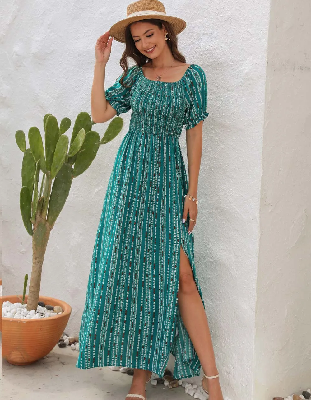 Vertical Stripe Print Slits Square Neck Short Sleeve A Line Dresses