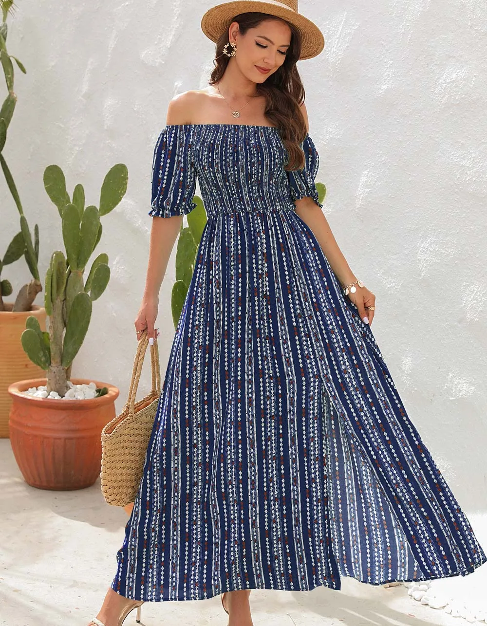 Vertical Stripe Print Slits Square Neck Short Sleeve A Line Dresses