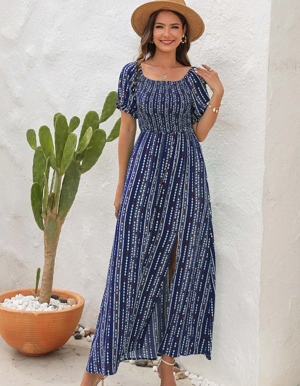 Vertical Stripe Print Slits Square Neck Short Sleeve A Line Dresses
