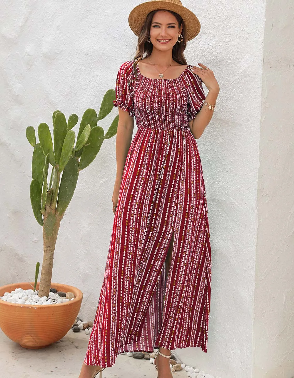Vertical Stripe Print Slits Square Neck Short Sleeve A Line Dresses