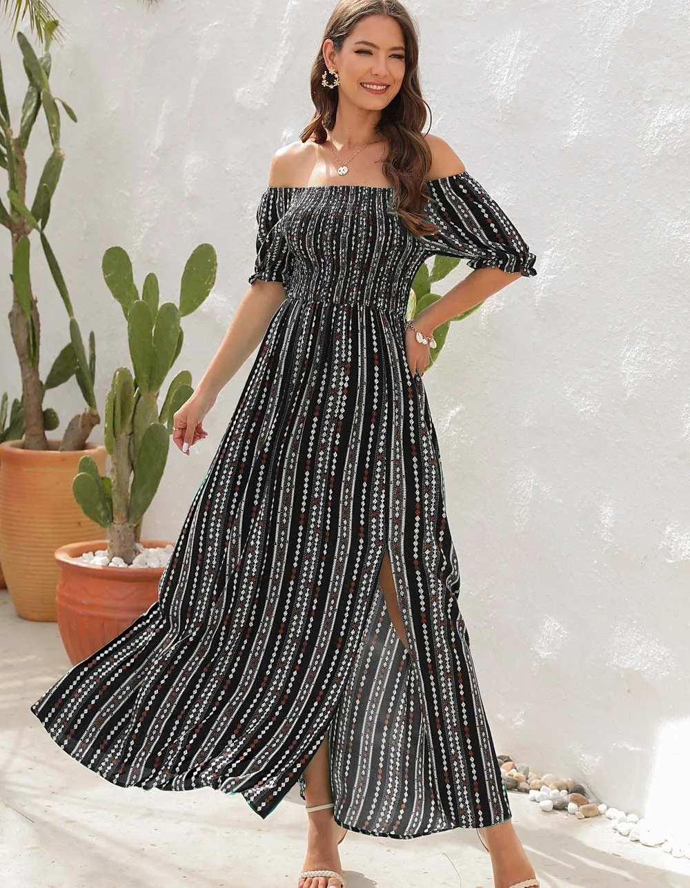 Vertical Stripe Print Slits Square Neck Short Sleeve A Line Dresses
