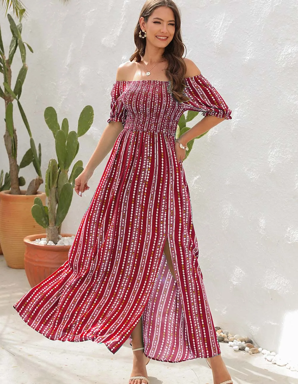 Vertical Stripe Print Slits Square Neck Short Sleeve A Line Dresses