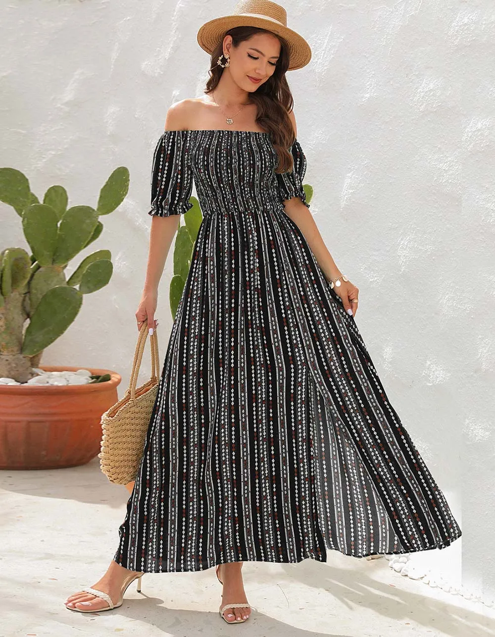 Vertical Stripe Print Slits Square Neck Short Sleeve A Line Dresses