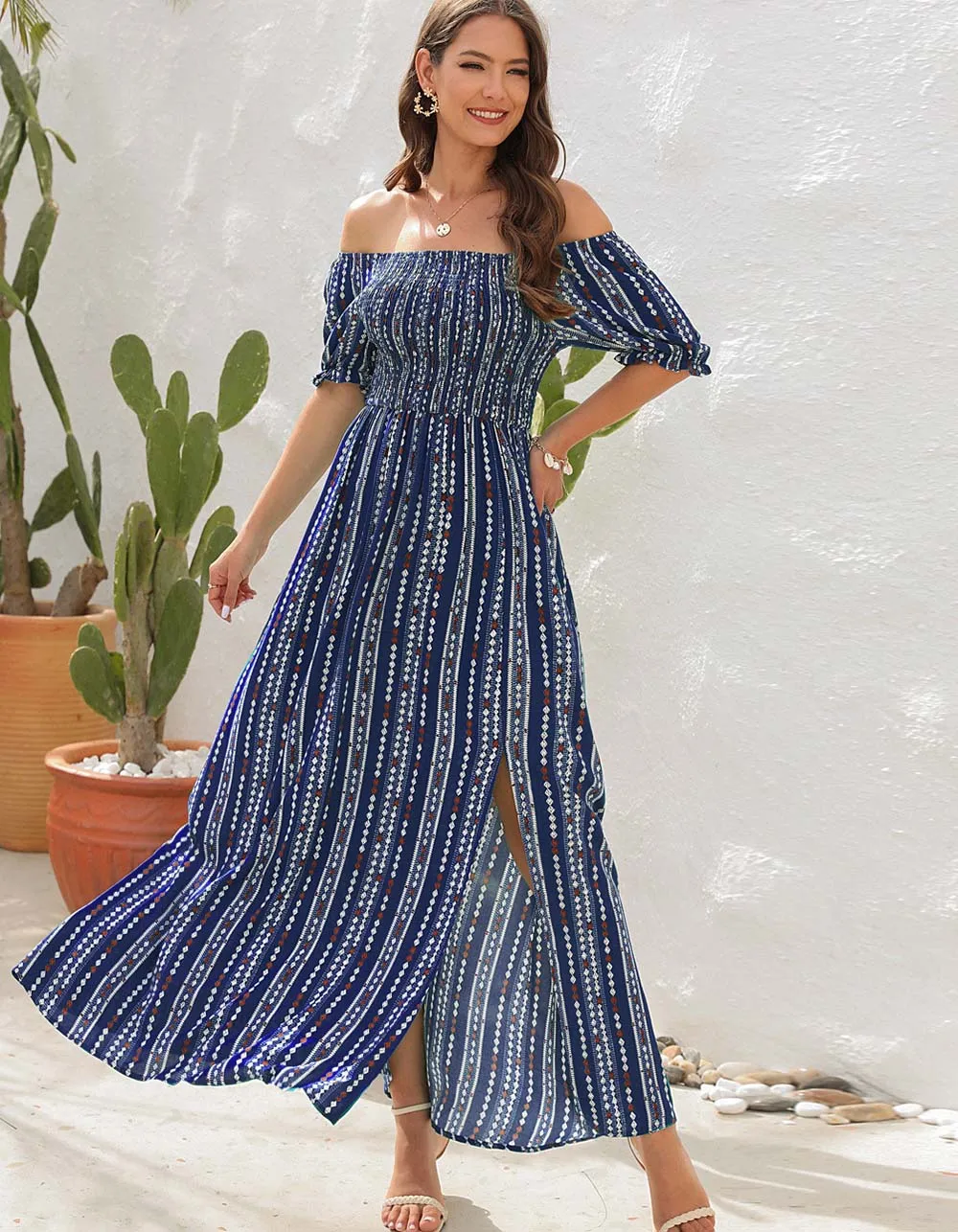 Vertical Stripe Print Slits Square Neck Short Sleeve A Line Dresses