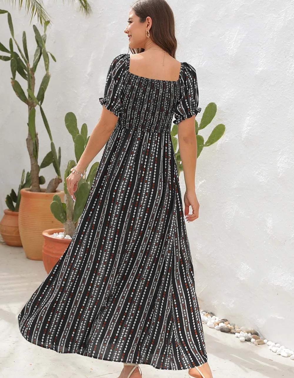 Vertical Stripe Print Slits Square Neck Short Sleeve A Line Dresses