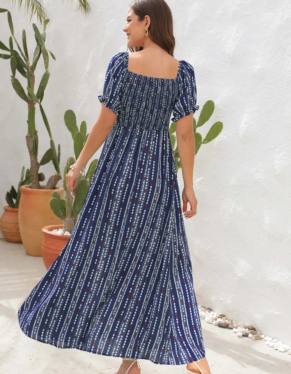 Vertical Stripe Print Slits Square Neck Short Sleeve A Line Dresses