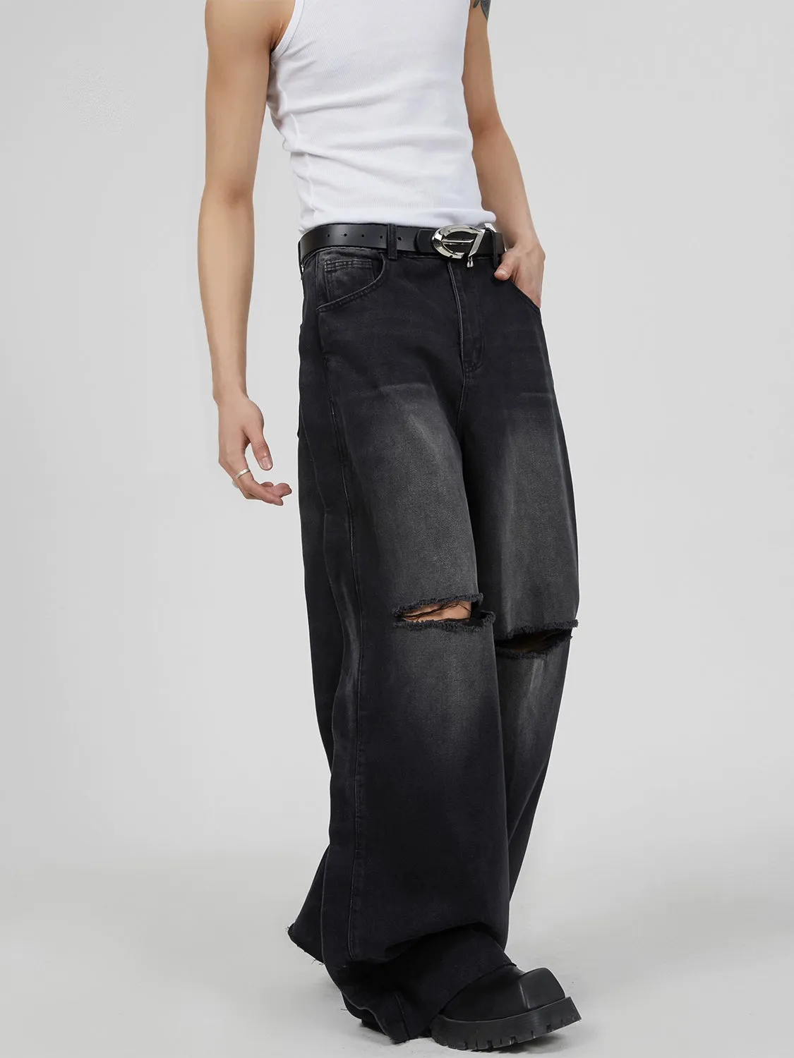 Vintage Washed Knee Ripped Wide-Leg Denim Jeans