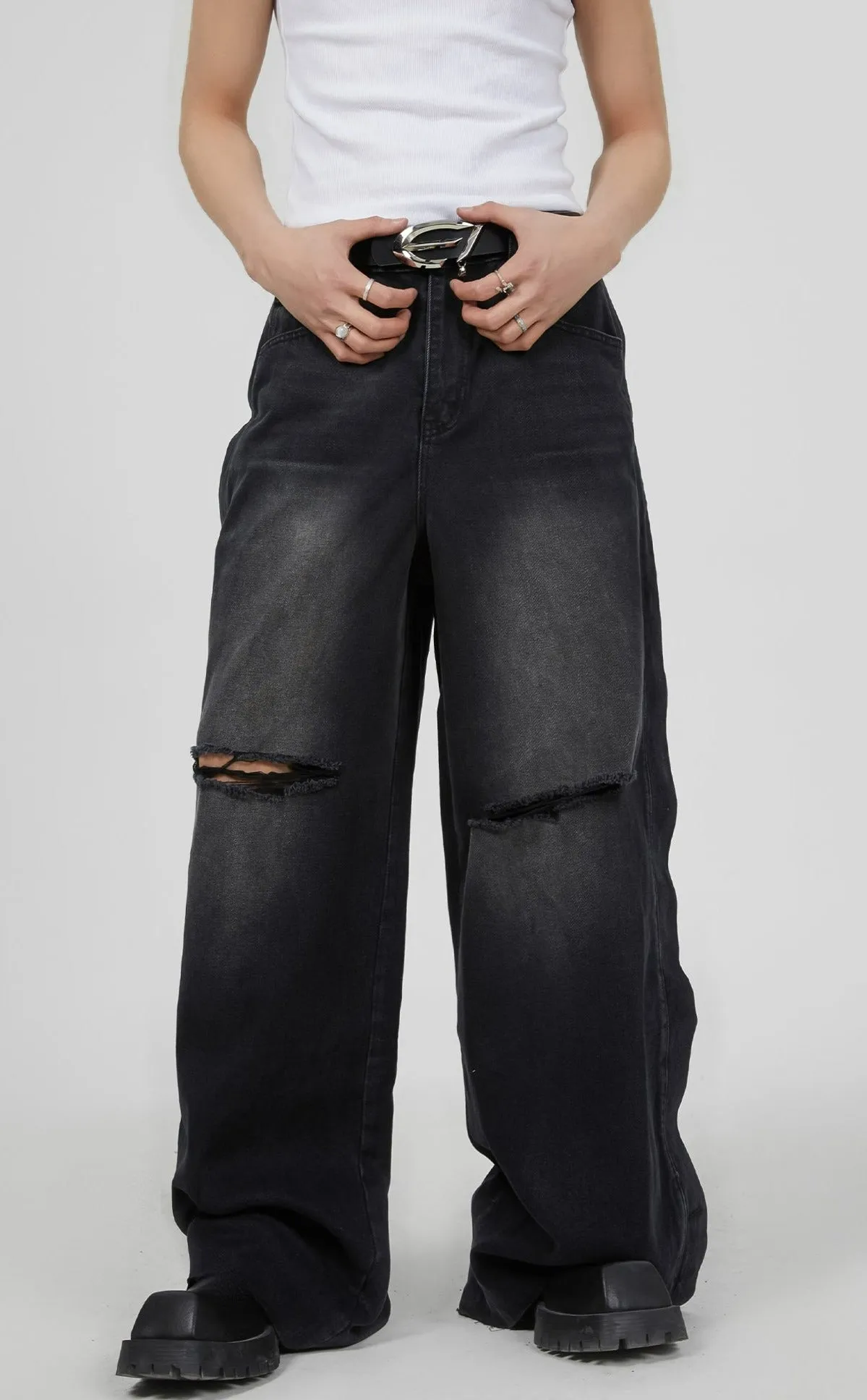 Vintage Washed Knee Ripped Wide-Leg Denim Jeans