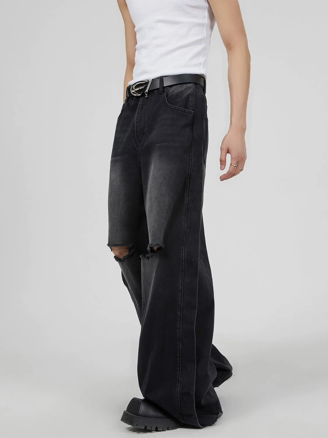 Vintage Washed Knee Ripped Wide-Leg Denim Jeans