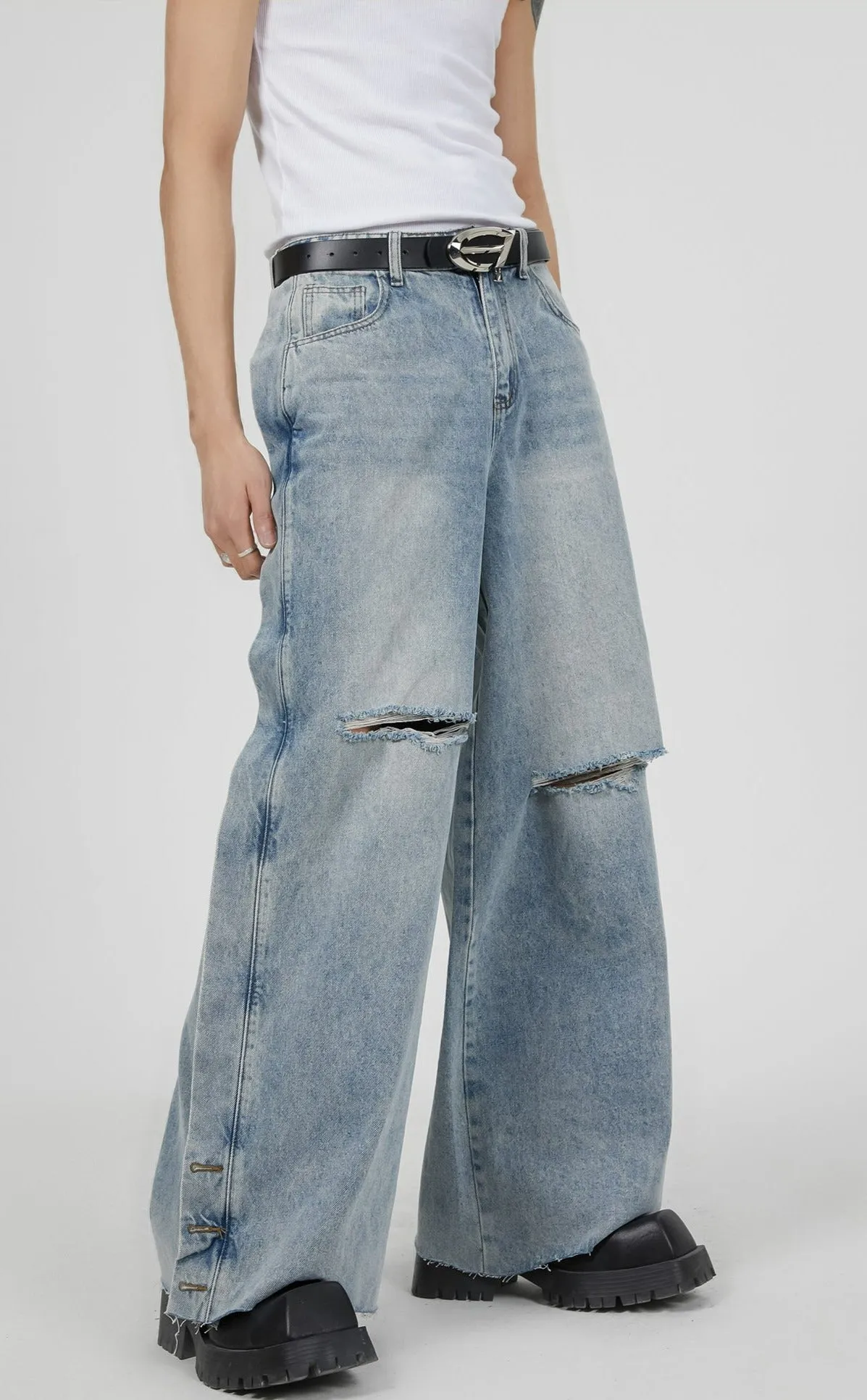 Vintage Washed Knee Ripped Wide-Leg Denim Jeans