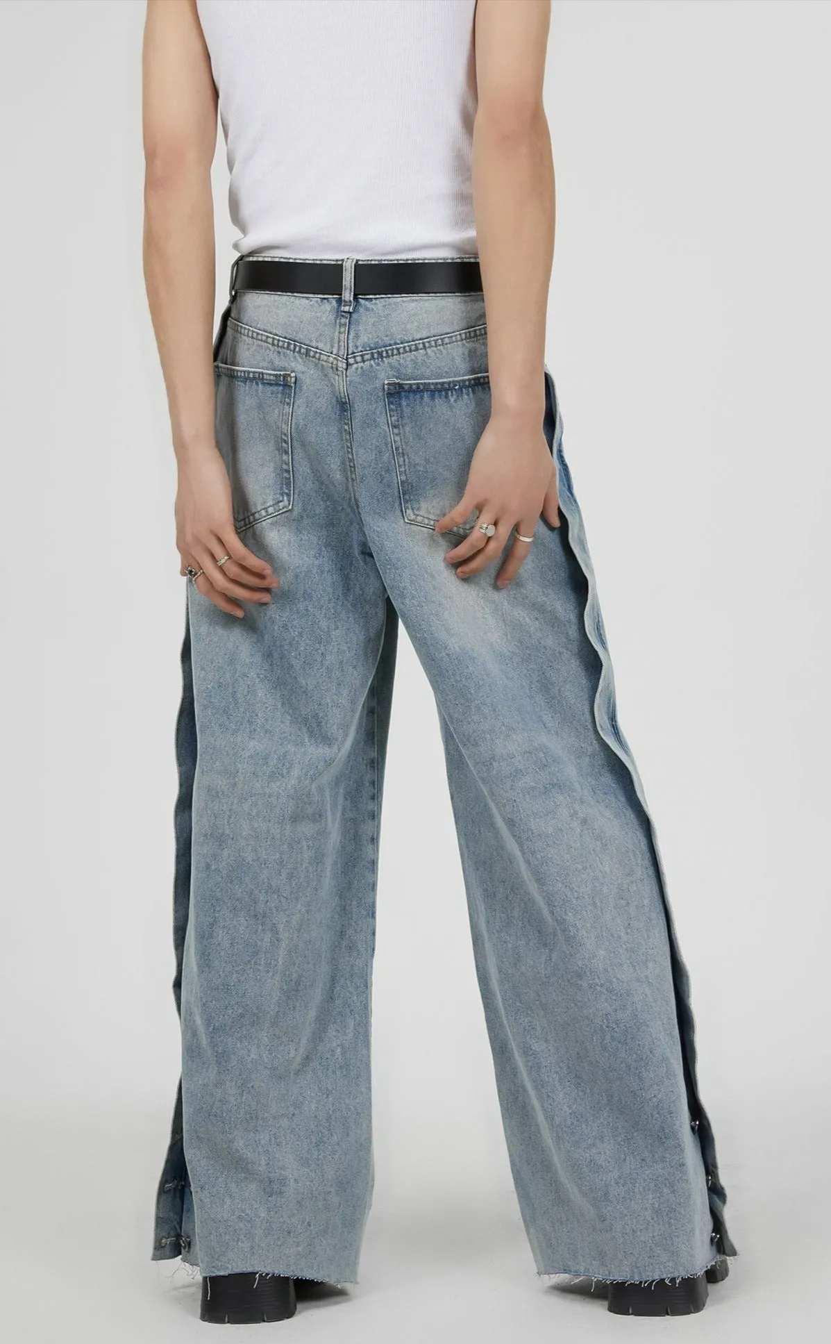 Vintage Washed Knee Ripped Wide-Leg Denim Jeans