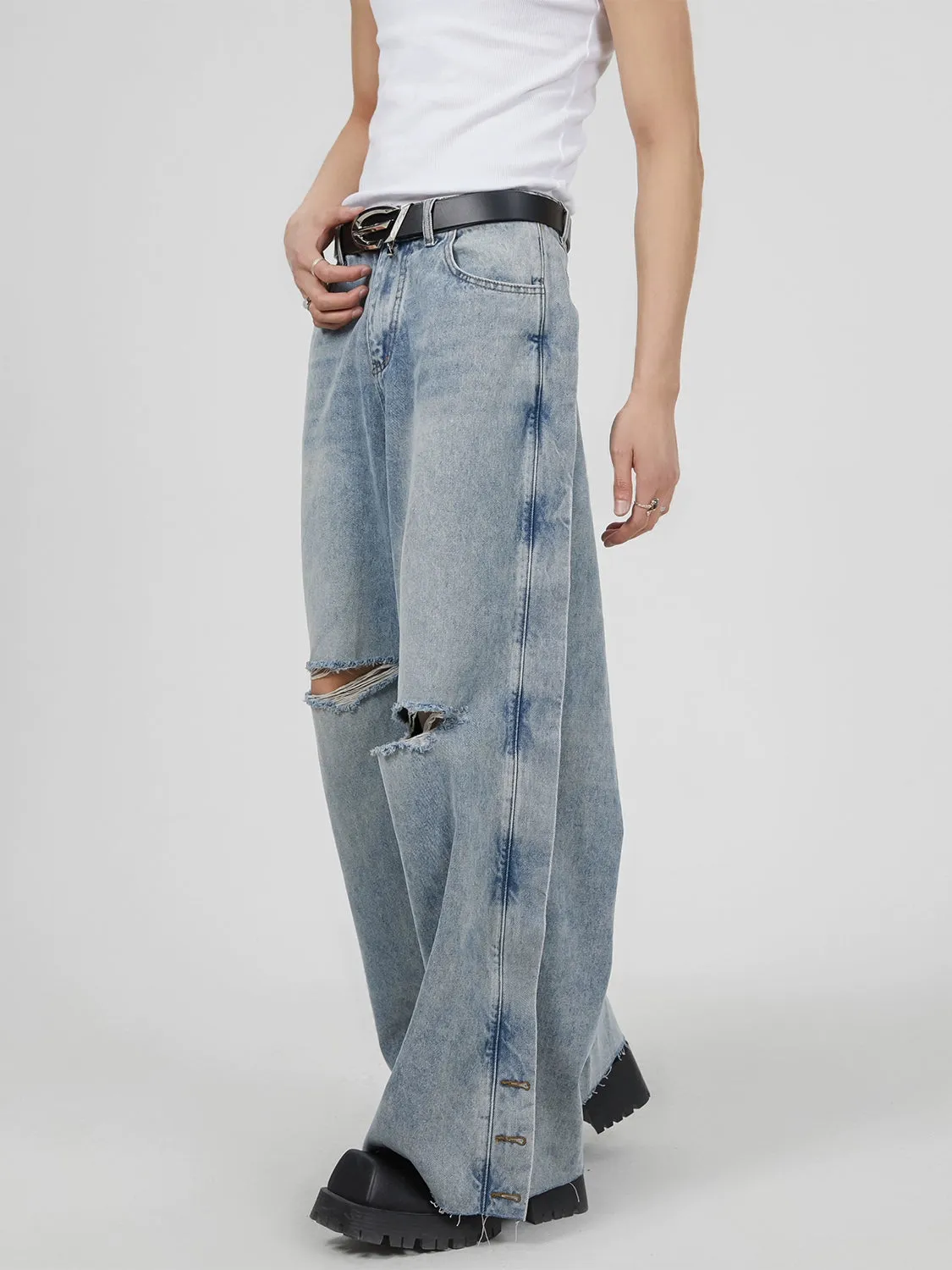 Vintage Washed Knee Ripped Wide-Leg Denim Jeans
