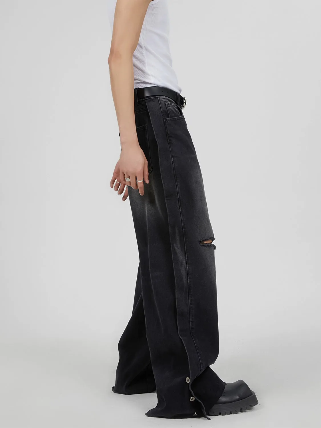Vintage Washed Knee Ripped Wide-Leg Denim Jeans