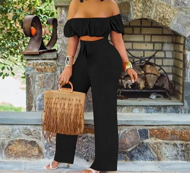 Women Off Shoulder Cut Out Jumpsuit Wide Leg