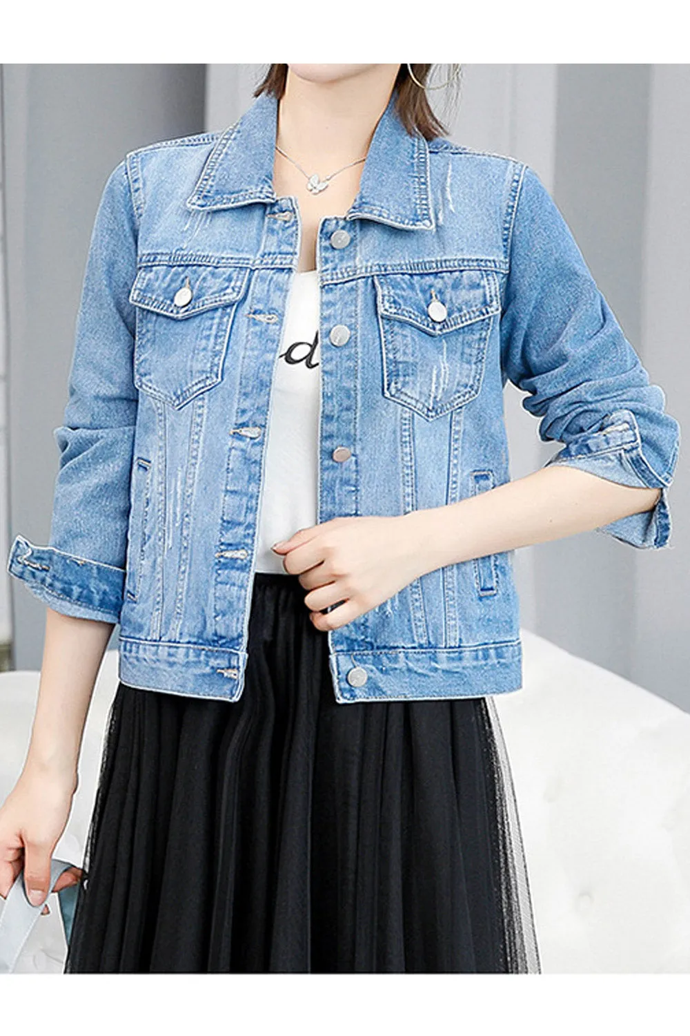 Women Outstanding Collar Neck Button Closure Smartly Stitched Fashionic Denim Jacket - WDMJK107084